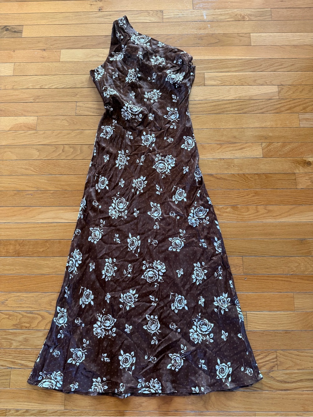 New Bl-nk Carilena One Shoulder Maxi Dress Brown Floral Print Sz Small
